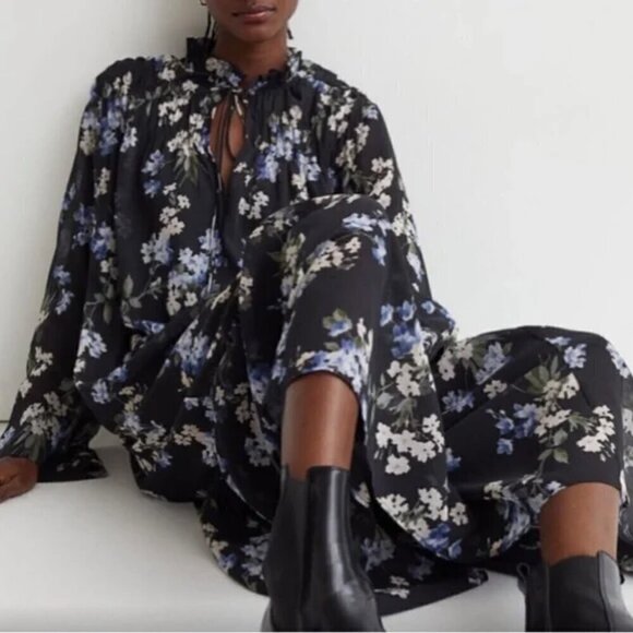 H&M Size S Ruffled Floral Chiffon Maxi Dress, Blue with Floral Pattern, NEW - Picture 16 of 16